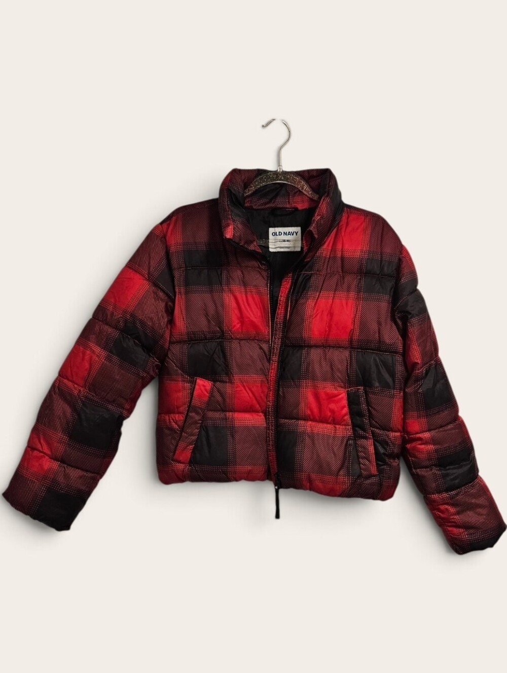 Old Navy Girls Plaid Red Black Buffalo Print Puffer Jacket Size L (10-12)